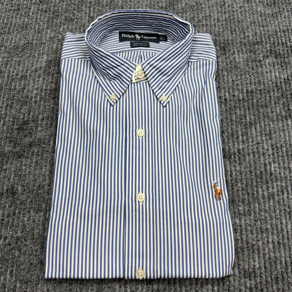 NWT VTG Ralph Lauren Yarmouth Shirt Mens 15-33 Blue White Pin Striped Flesh Pony